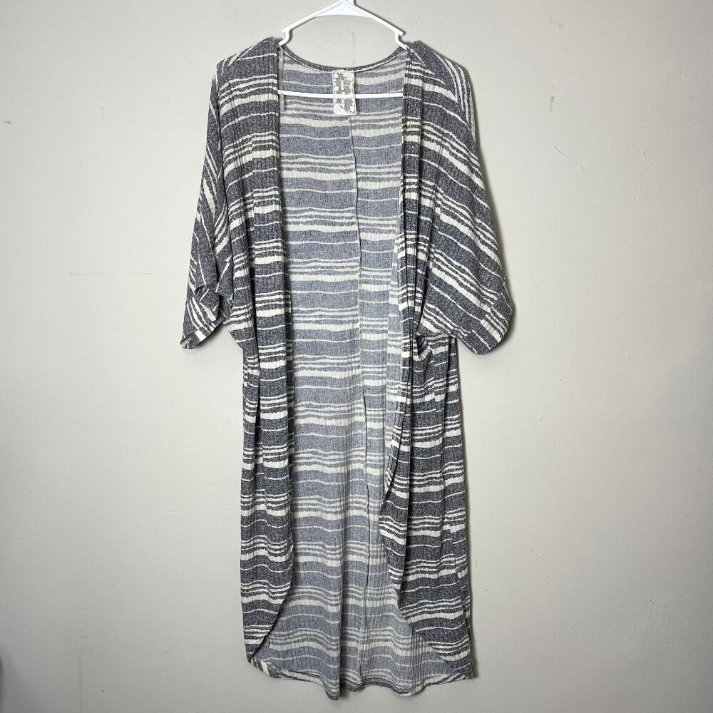Sadie & Sage‎ Striped Duster Cardigan Women's Medium Gray Open Front Knit Cover